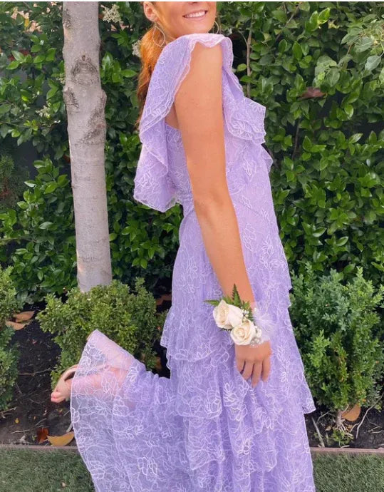 Quyihu Dress Lilac Long Prom Dress Layed Lace V Neck Floor Length V Back Evening Dress