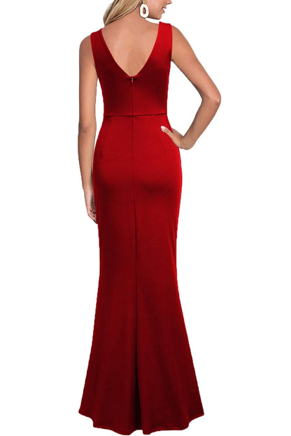 Elegant Mermaid Deep V-Neck Sleeveless Ruched High-Slit Maxi Evening Dress