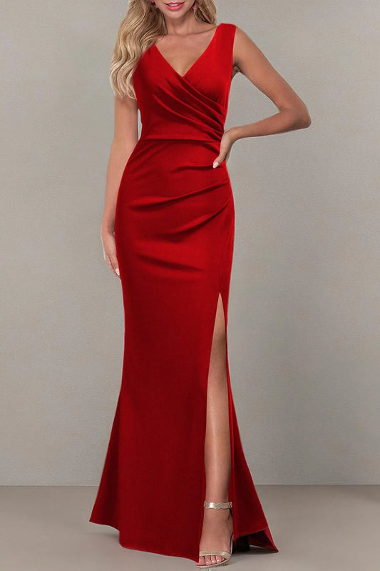 Elegant Mermaid Deep V-Neck Sleeveless Ruched High-Slit Maxi Evening Dress