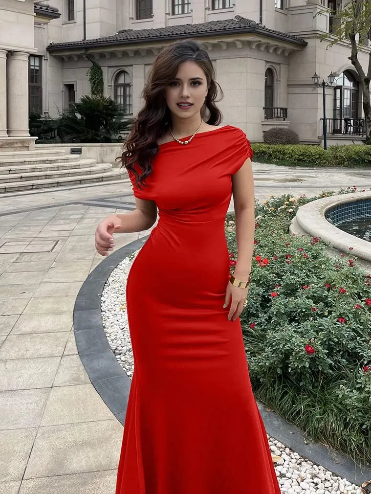 Glamorous Mermaid Off-Shoulder Ruched Short-Sleeve Maxi Evening Dress