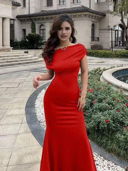 Glamorous Mermaid Off-Shoulder Ruched Short-Sleeve Maxi Evening Dress