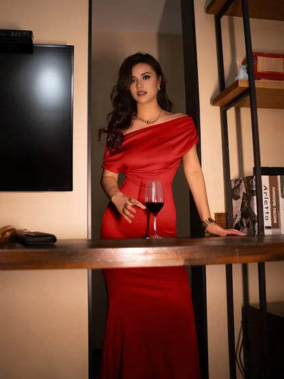 Glamorous Mermaid Off-Shoulder Ruched Short-Sleeve Maxi Evening Dress