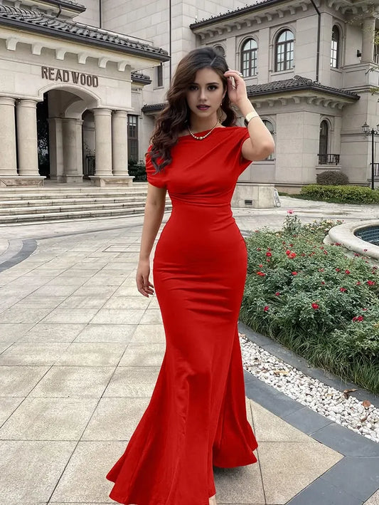 Glamorous Mermaid Off-Shoulder Ruched Short-Sleeve Maxi Evening Dress