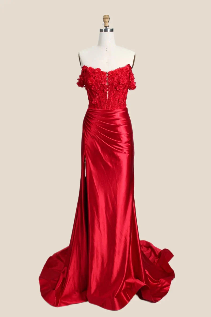 Red Corset Prom Dress Satin Off the Shoulder Mermaid with Appliques