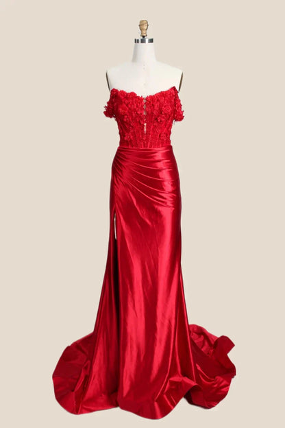 Red Corset Prom Dress Satin Off the Shoulder Mermaid with Appliques
