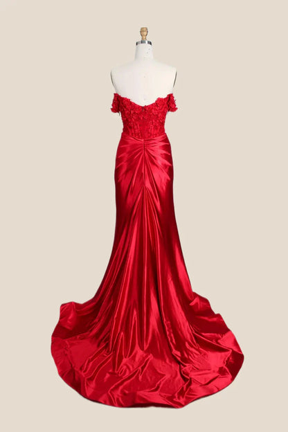 Red Corset Prom Dress Satin Off the Shoulder Mermaid with Appliques