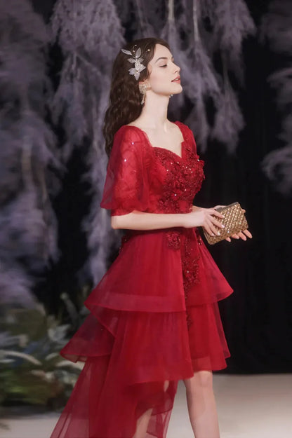 Red Lace High Low Party Dresses A-Line Homecoming Dresses