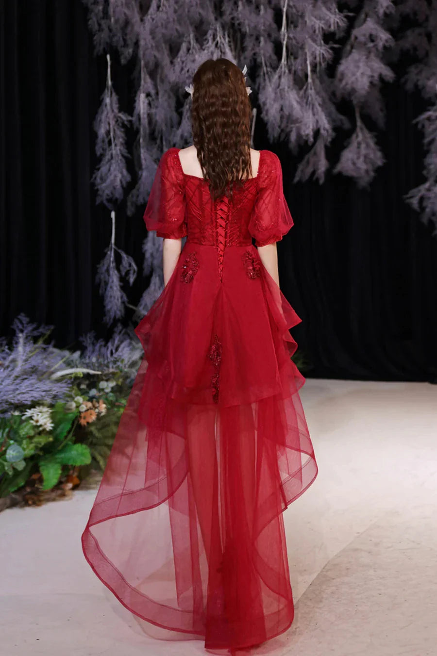 Red Lace High Low Party Dresses A-Line Homecoming Dresses