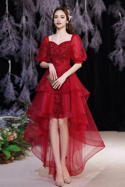 Red Lace High Low Party Dresses A-Line Homecoming Dresses