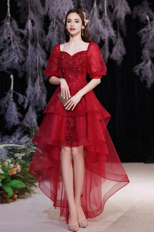 Red Lace High Low Party Dresses A-Line Homecoming Dresses