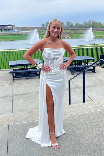 Red Strapless Prom Dress Satin Fitted Formal Wears Long