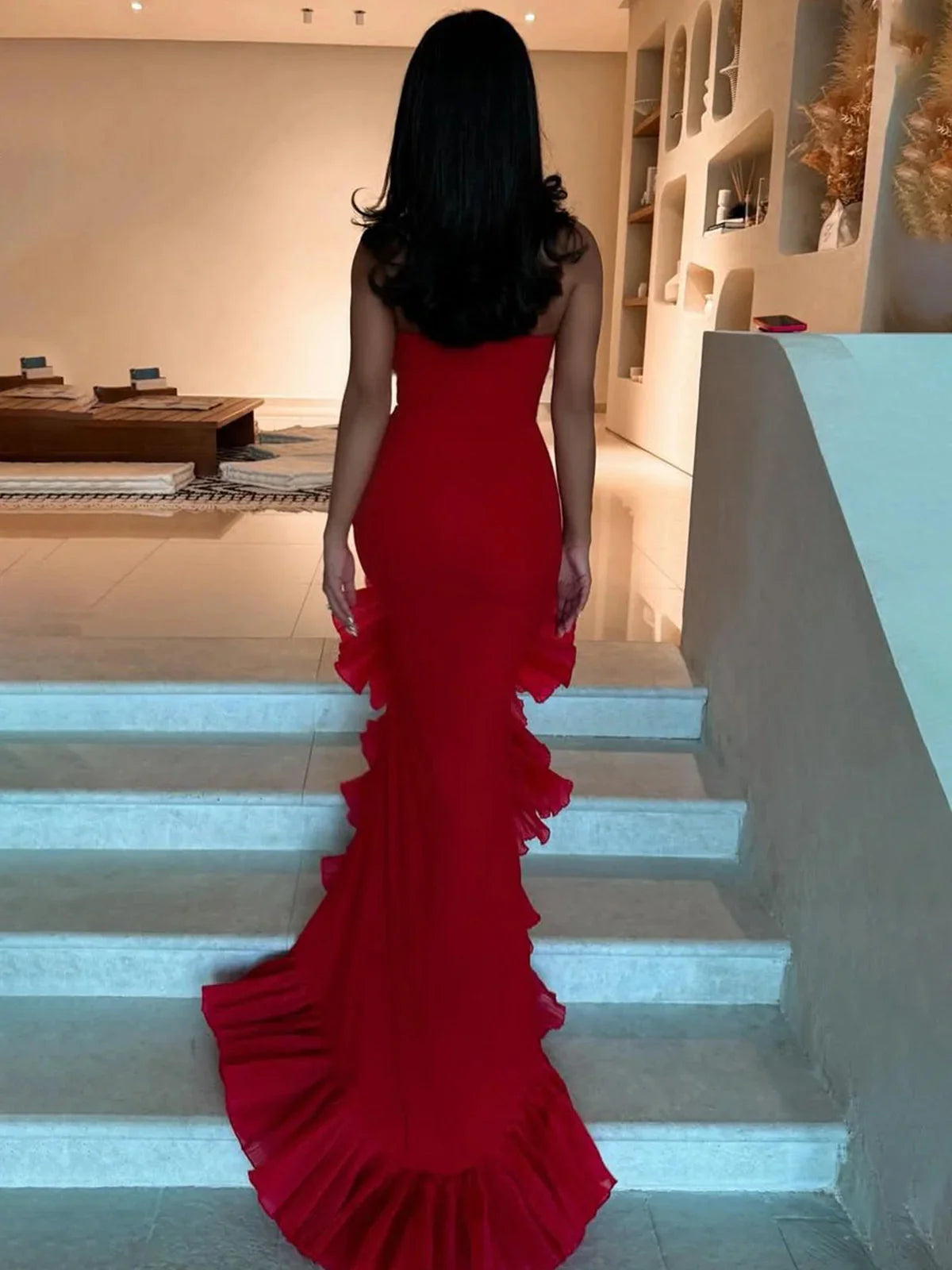 Red Strapless Prom Dresses Ruffles Mermaid Sleeveless Long Evening Gown