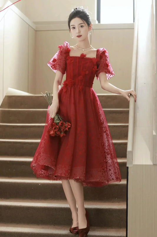 Red Tulle Short Prom Dress A-Line Short Sleeve Evening Party Dress