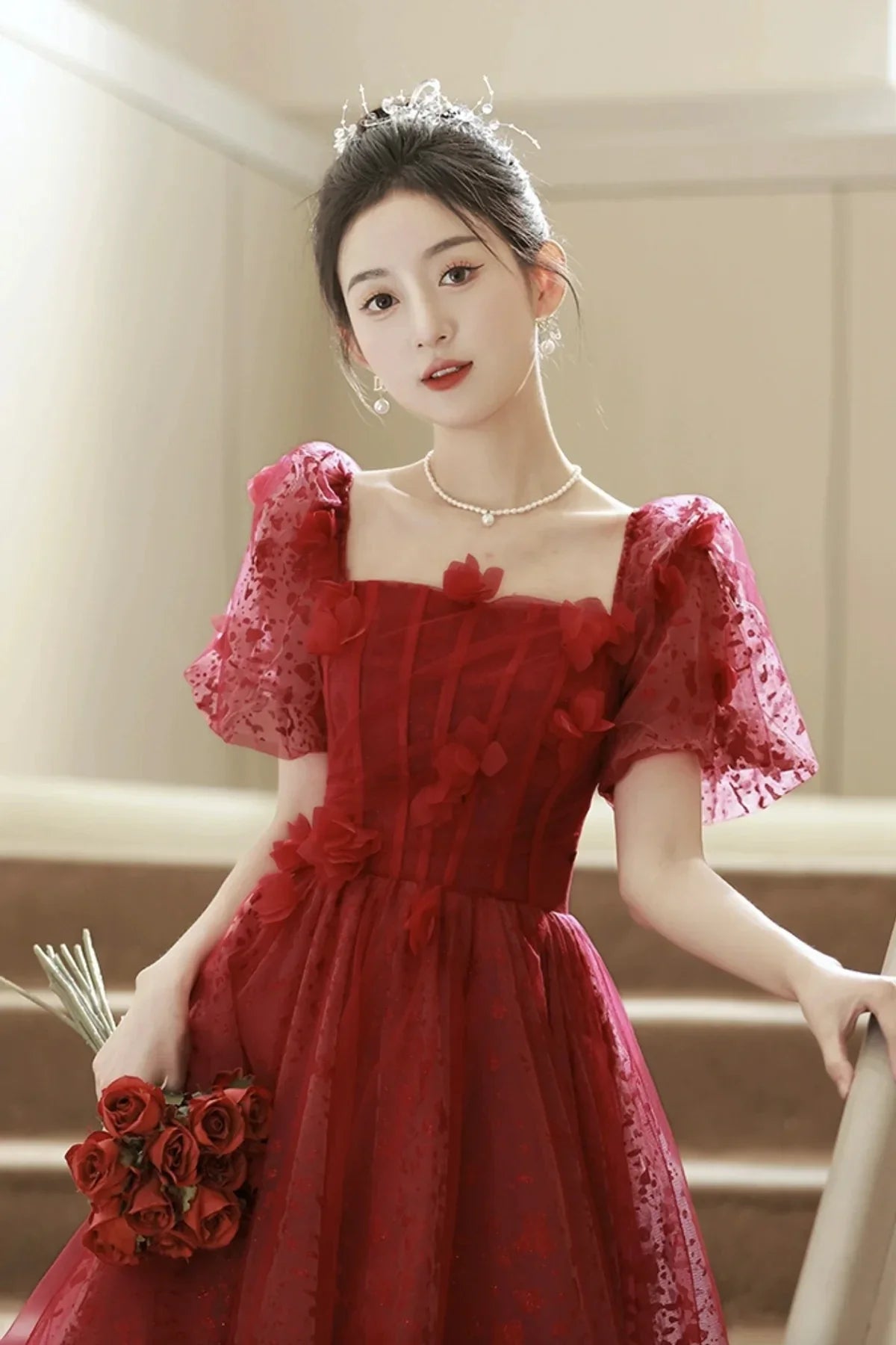 Red Tulle Short Prom Dress A-Line Short Sleeve Evening Party Dress