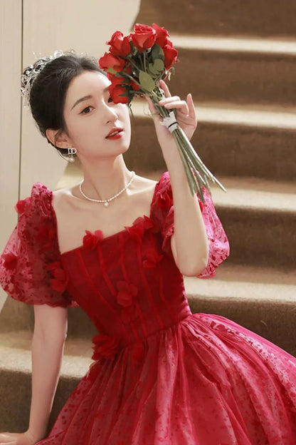 Red Tulle Short Prom Dress A-Line Short Sleeve Evening Party Dress