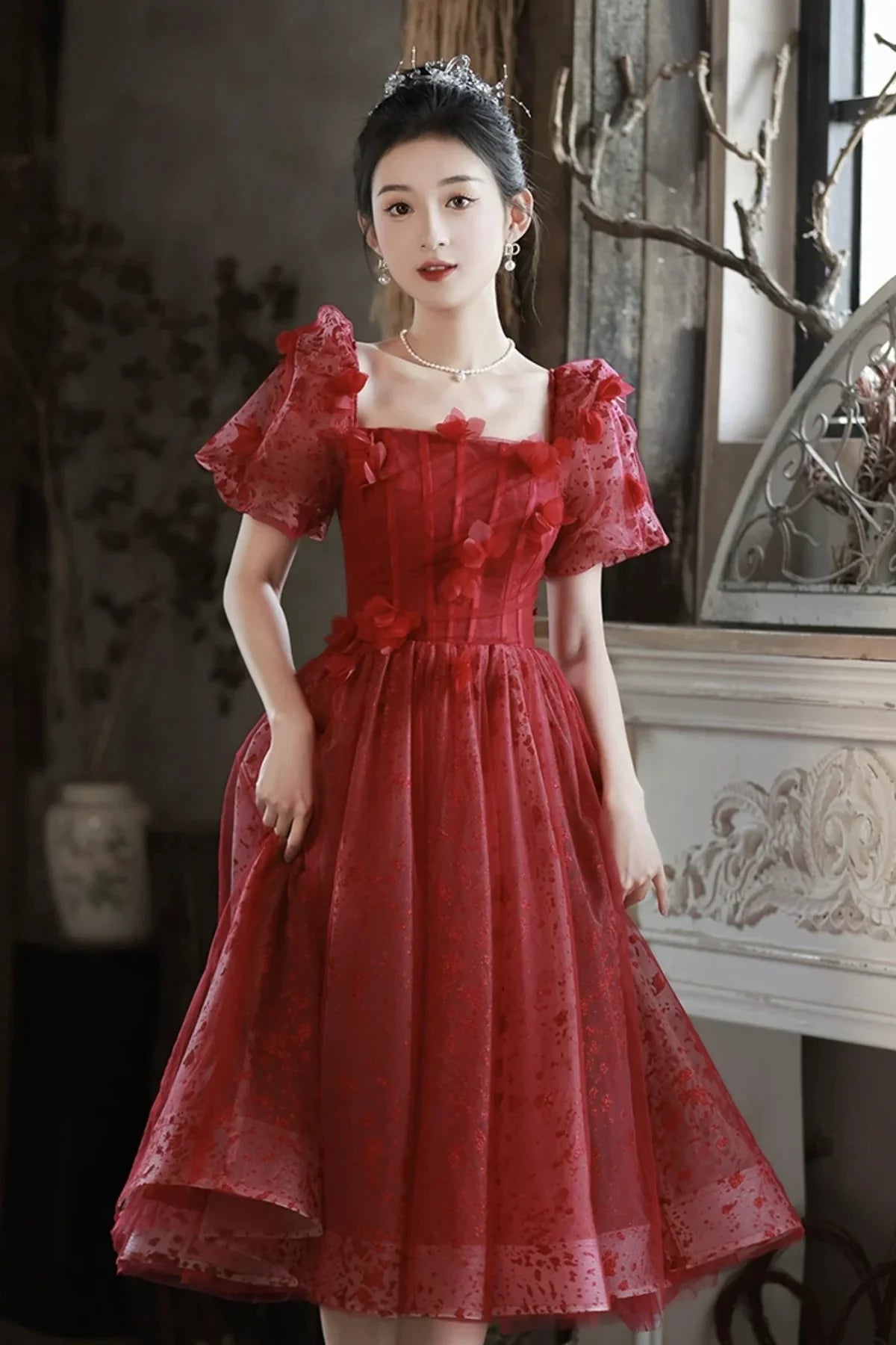 Red Tulle Short Prom Dress A-Line Short Sleeve Evening Party Dress