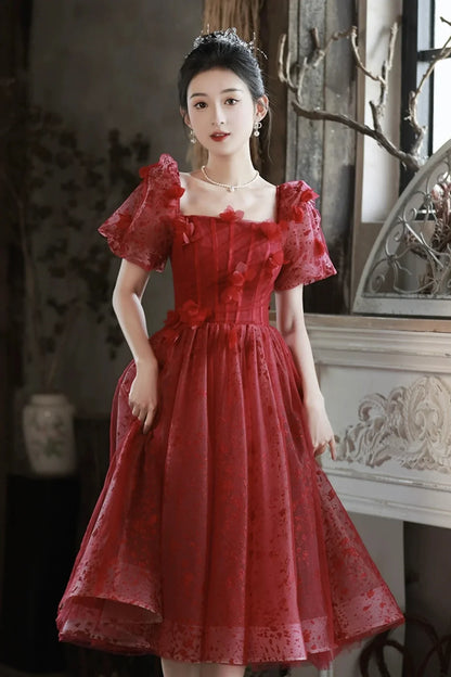 Red Tulle Short Prom Dress A-Line Short Sleeve Evening Party Dress