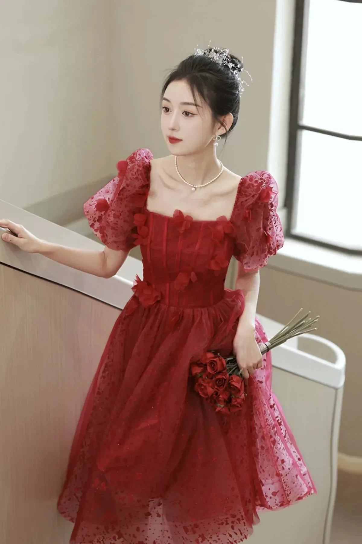 Red Tulle Short Prom Dress A-Line Short Sleeve Evening Party Dress