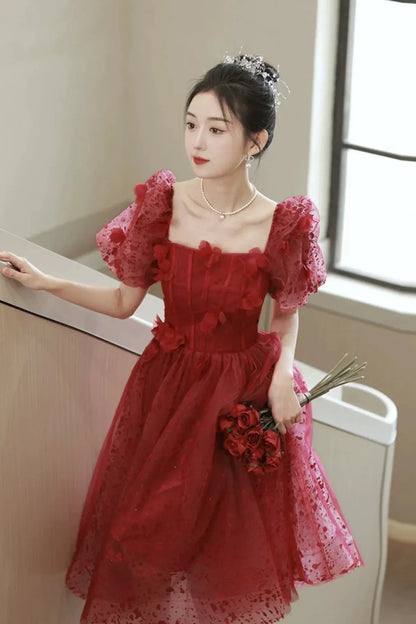 Red Tulle Short Prom Dress A-Line Short Sleeve Evening Party Dress