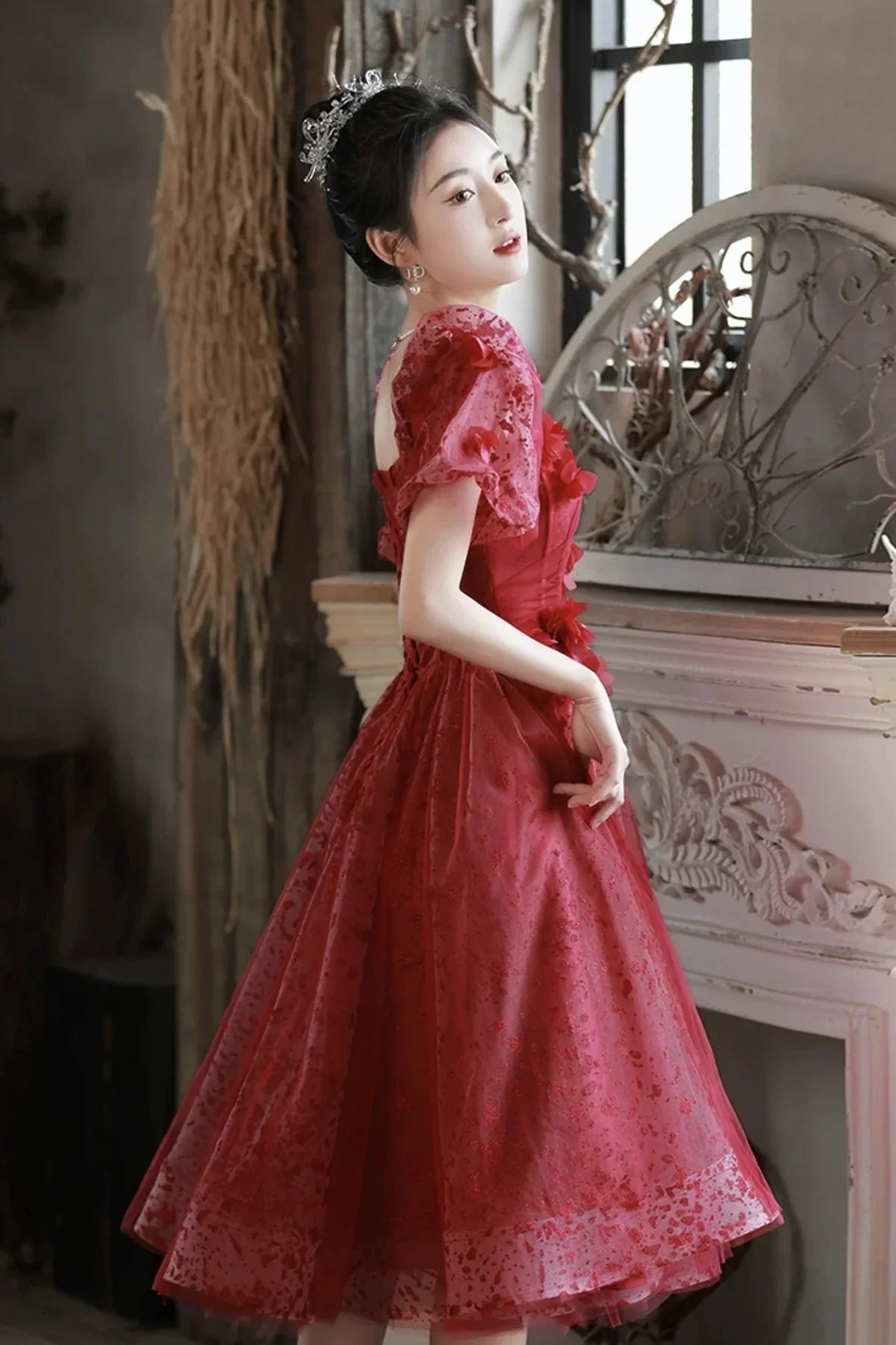 Red Tulle Short Prom Dress A-Line Short Sleeve Evening Party Dress