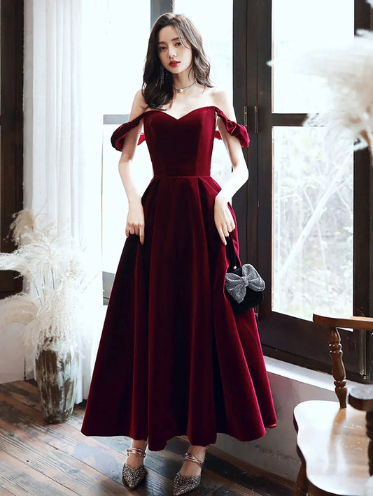 Regal A-Line Off-Shoulder Short Puff-Sleeve Velvet Burgundy Midi Evening Dress for Women