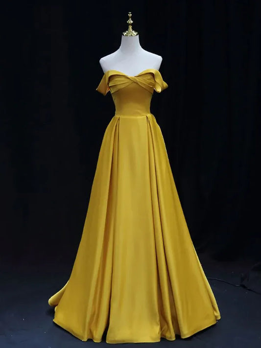 Regal A-Line Off-Shoulder Sleeveless Lace-Up Satin Yellow Floor-Length Evening Dress for Women