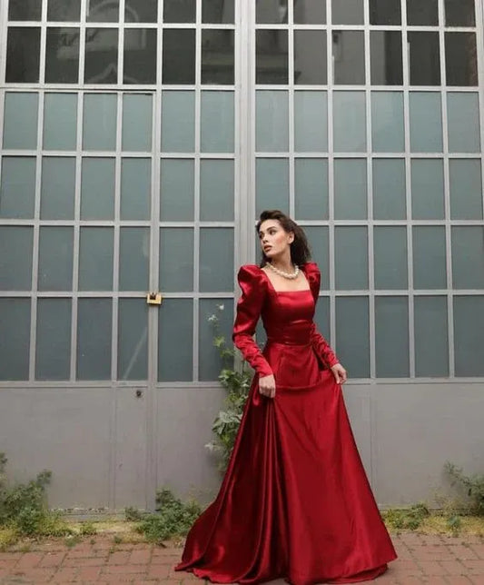 Regal A-Line Square-Neck Puff-Sleeve Satin Burgundy Maxi Evening Dress for Women