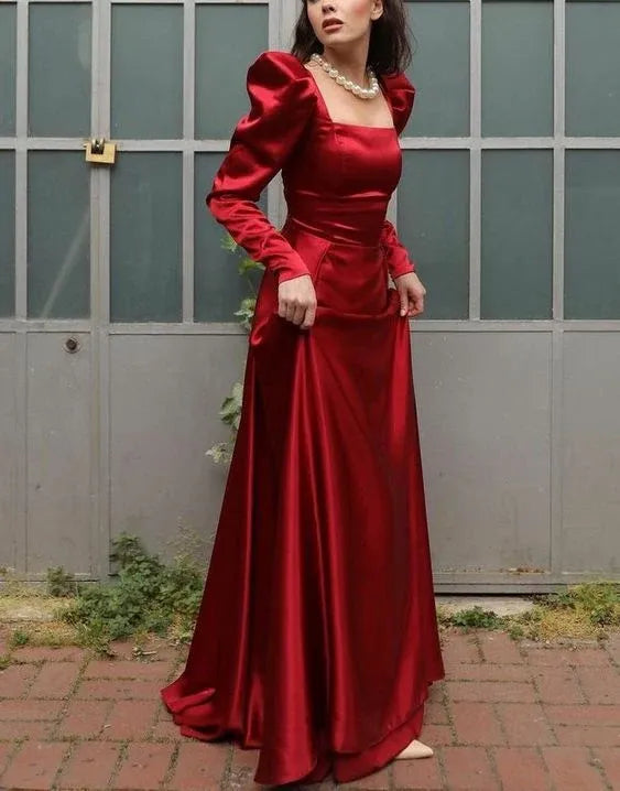 Regal A-Line Square-Neck Puff-Sleeve Satin Burgundy Maxi Evening Dress for Women