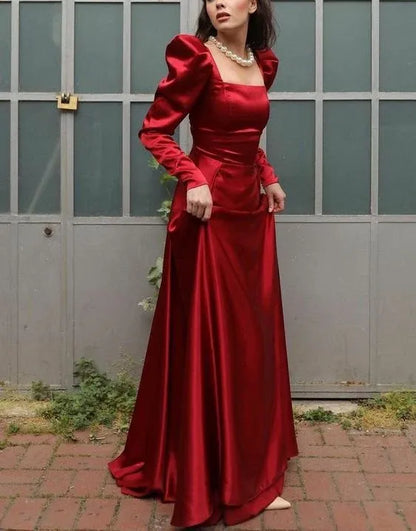 Regal A-Line Square-Neck Puff-Sleeve Satin Burgundy Maxi Evening Dress for Women
