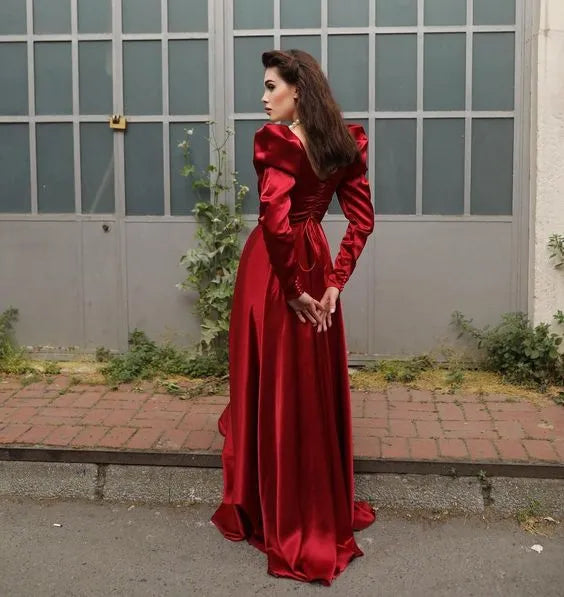 Regal A-Line Square-Neck Puff-Sleeve Satin Burgundy Maxi Evening Dress for Women