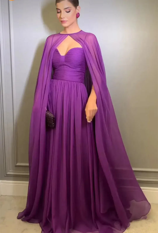 Regal A-Line Sweetheart Capelet Chiffon Purple Floor-Length Evening Dress for Women