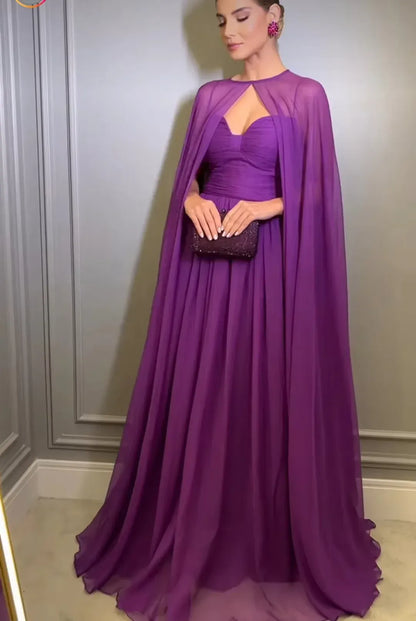 Regal A-Line Sweetheart Capelet Chiffon Purple Floor-Length Evening Dress for Women