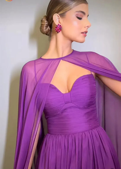Regal A-Line Sweetheart Capelet Chiffon Purple Floor-Length Evening Dress for Women