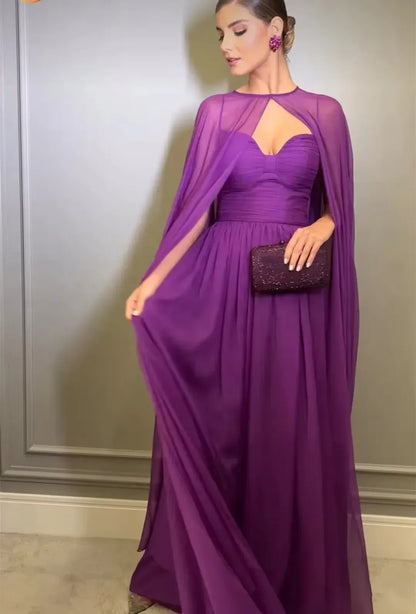 Regal A-Line Sweetheart Capelet Chiffon Purple Floor-Length Evening Dress for Women