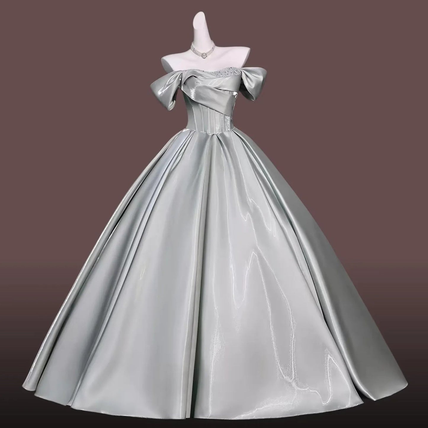 Regal Ball-Gown Off-Shoulder Corset Lace-Up Satin Sage Green Floor-Length Prom Dress