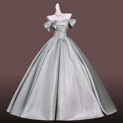 Regal Ball-Gown Off-Shoulder Corset Lace-Up Satin Sage Green Floor-Length Prom Dress