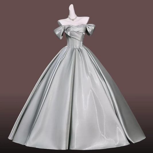 Regal Ball-Gown Off-Shoulder Corset Lace-Up Satin Sage Green Floor-Length Prom Dress