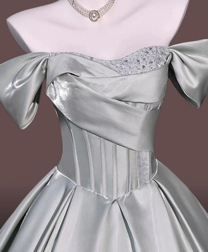 Regal Ball-Gown Off-Shoulder Corset Lace-Up Satin Sage Green Floor-Length Prom Dress