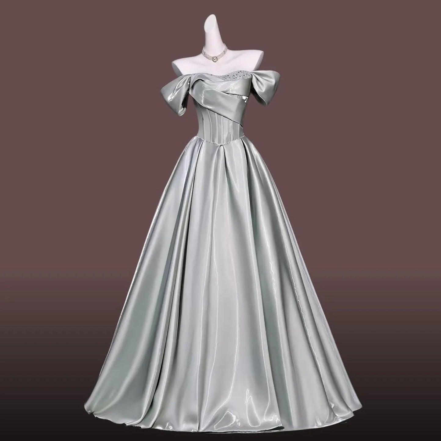 Regal Ball-Gown Off-Shoulder Corset Lace-Up Satin Sage Green Floor-Length Prom Dress