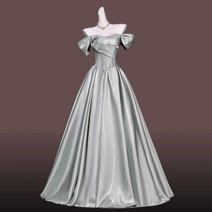 Regal Ball-Gown Off-Shoulder Corset Lace-Up Satin Sage Green Floor-Length Prom Dress