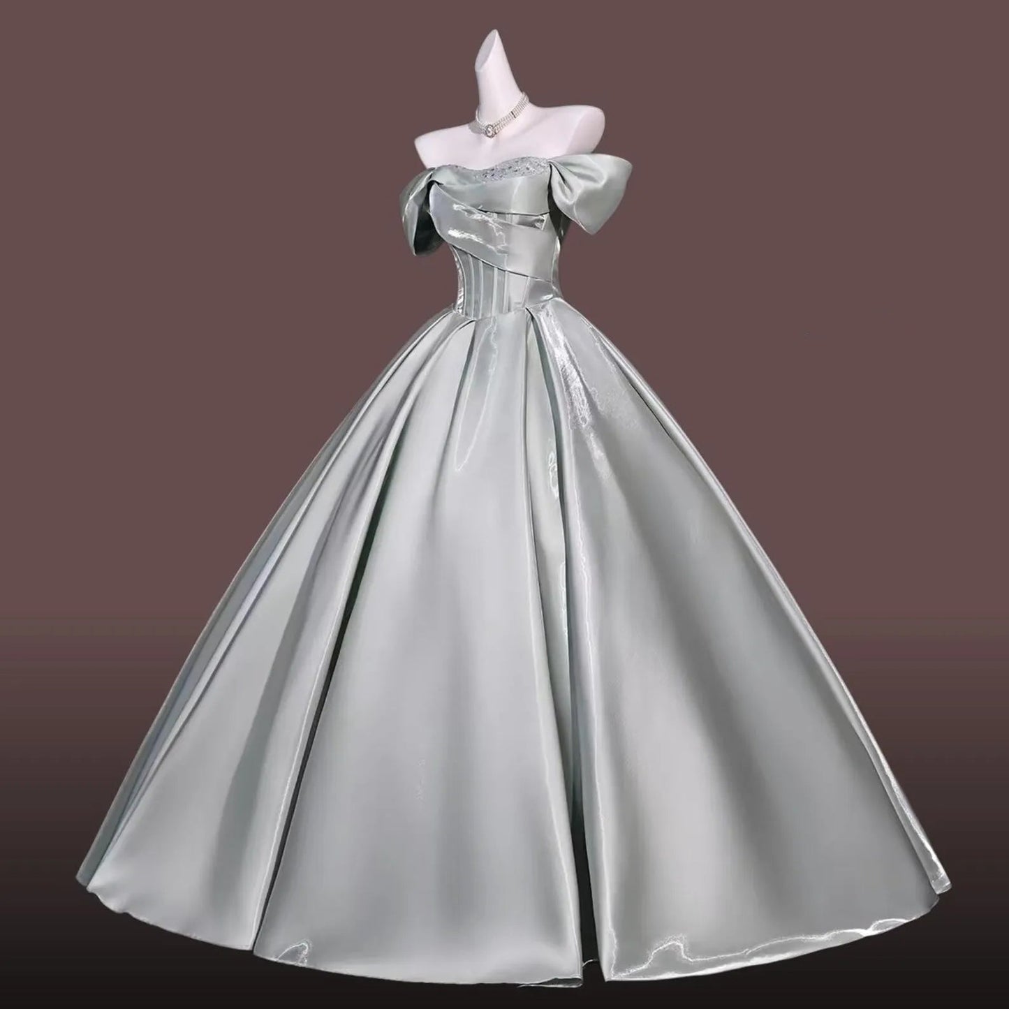 Regal Ball-Gown Off-Shoulder Corset Lace-Up Satin Sage Green Floor-Length Prom Dress