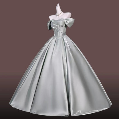Regal Ball-Gown Off-Shoulder Corset Lace-Up Satin Sage Green Floor-Length Prom Dress