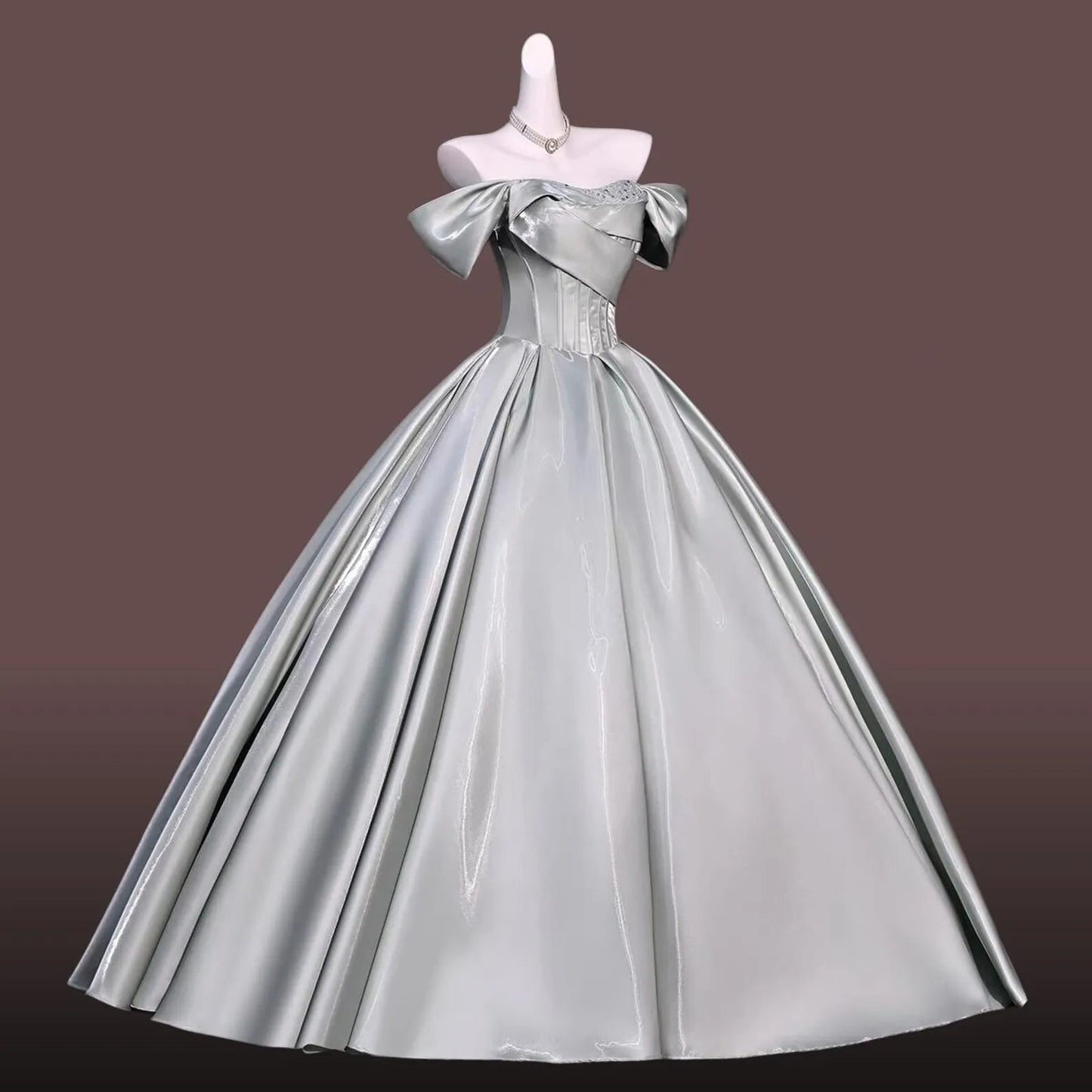 Regal Ball-Gown Off-Shoulder Corset Lace-Up Satin Sage Green Floor-Length Prom Dress
