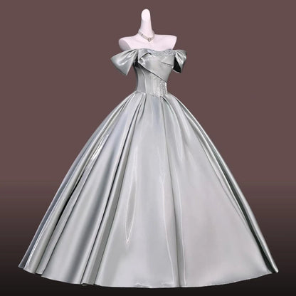 Regal Ball-Gown Off-Shoulder Corset Lace-Up Satin Sage Green Floor-Length Prom Dress