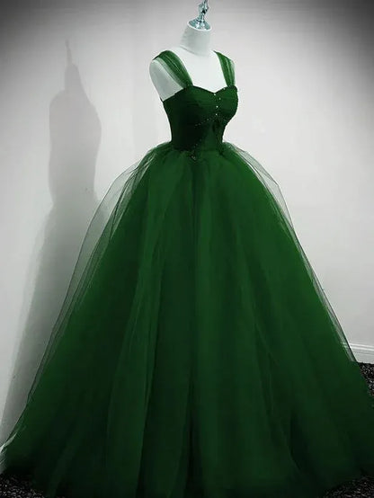 Regal Ball Gown Sweetheart Neck Beaded Ruched Tulle Green Floor-Length Prom Dress
