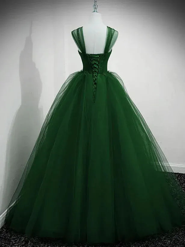 Regal Ball Gown Sweetheart Neck Beaded Ruched Tulle Green Floor-Length Prom Dress