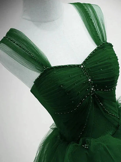 Regal Ball Gown Sweetheart Neck Beaded Ruched Tulle Green Floor-Length Prom Dress