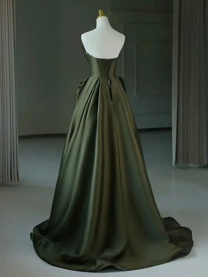 Regal Ballgown Off-Shoulder Lace-Up Satin Olive Green Maxi Evening Dress for Women