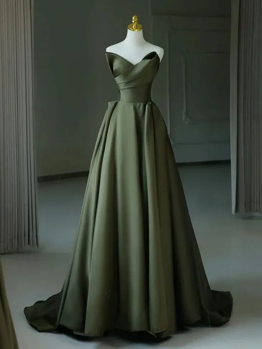 Regal Ballgown Off-Shoulder Lace-Up Satin Olive Green Maxi Evening Dress for Women