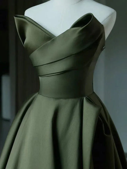 Regal Ballgown Off-Shoulder Lace-Up Satin Olive Green Maxi Evening Dress for Women